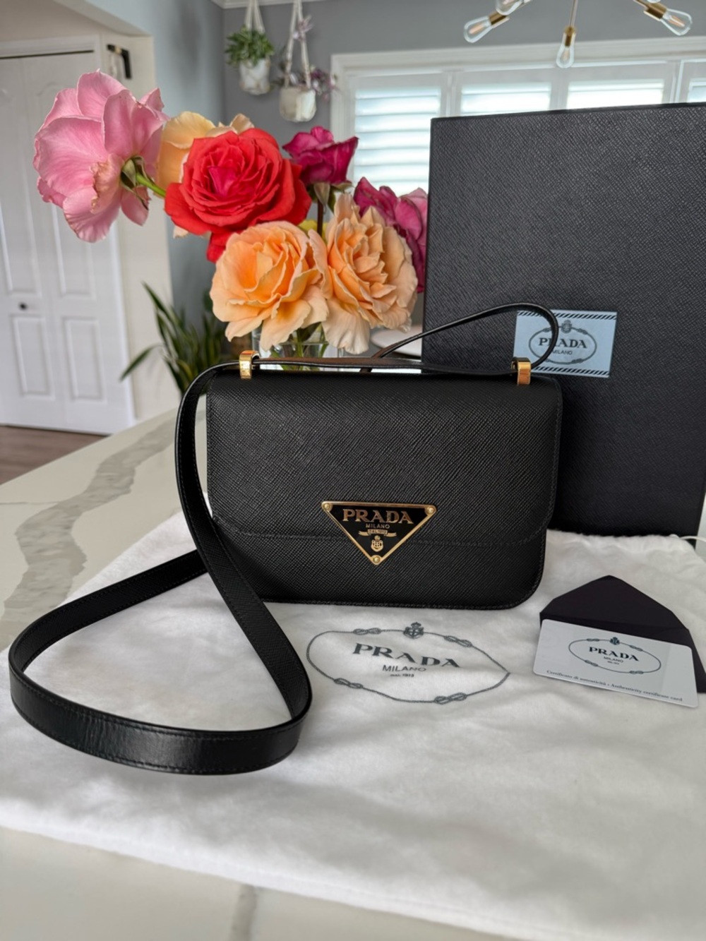 AUTHENTIC Prada Embleme Black Saffiano Leather Flap Shoulder Bag Crossbody